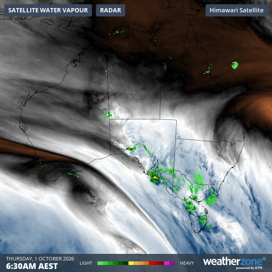 Rain radar and atmospheric water vapour loop across Australia for the four hours to 10:30am (AEST) on Thursday, October 1, 2026. Source: Weatherzone.