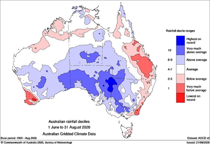 Image: Australian rainfall deciles in winter 2026. Source: BoM.