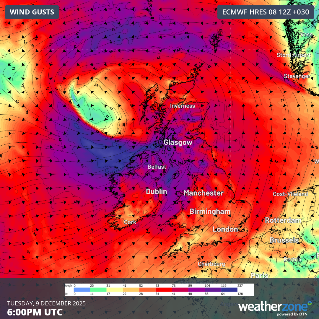 Forecast wind gusts at 6:00pm UTC on Tuesday, December 9, 2025, according to the ECMWF model. Source: Weatherzone.