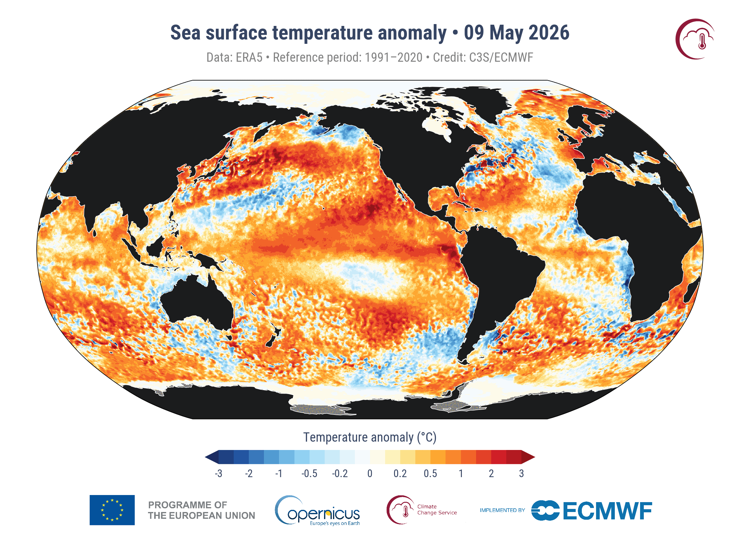 Sea surface temperature anomalies on May 9, 2026, showing above average water across much of the tropical Pacific Ocean, indicating an emerging El Niño pattern. Source: CS3 / ECMWF.