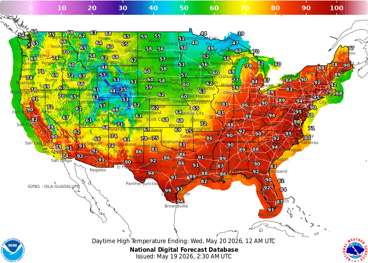 Forecast maximum temperatures on Tuesday, May 19, 2026. Source: NWS