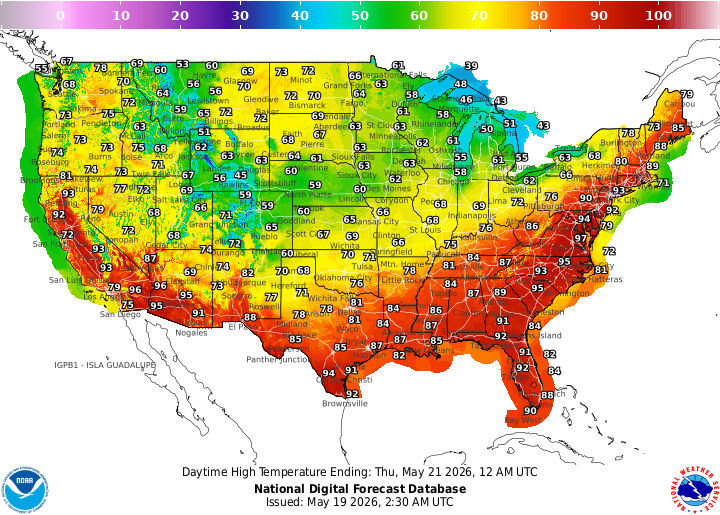 Forecast maximum temperatures on Wednesday, May 20, 2026. Source: NWS