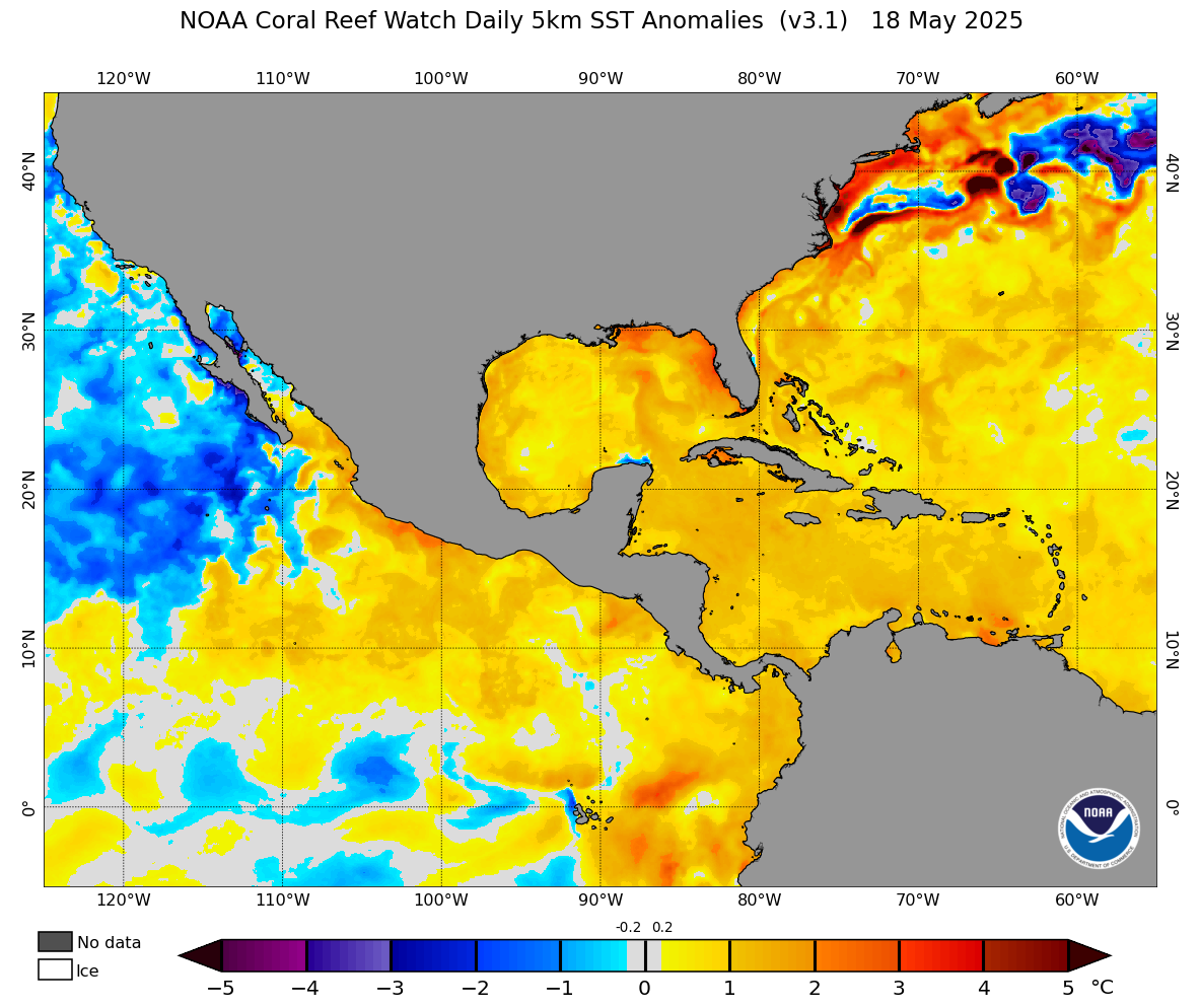 Sea surface temperature anomalies in mid-May 2025, showing widespread warmer than average water to the south and east of the US. Source: NOAA