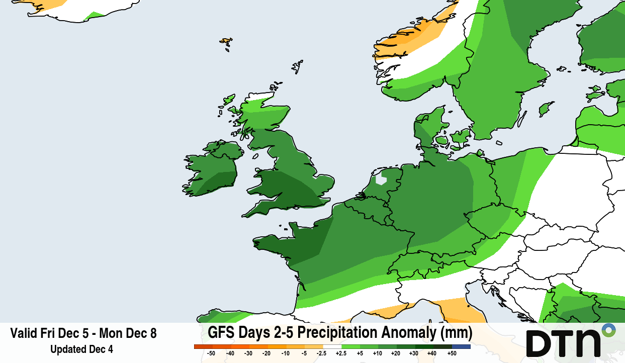 Forecast precipitation anomalies for the four-day period from Friday, December 5 to Monday, December 8. Source: DTN.
