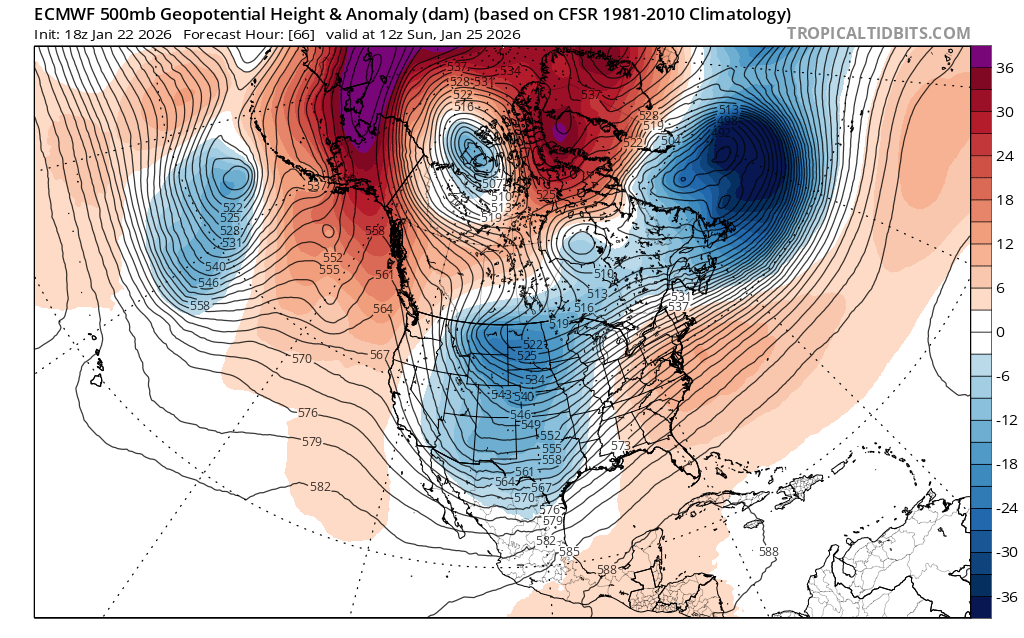 ECMWF model – 500hPa geopotential height anomaly forecast for 12:00 UTC, Sunday January 25th, showing strong high pressure over Alaska and consequent downstream troughing through the Central US. Source: tropicaltidbits.com