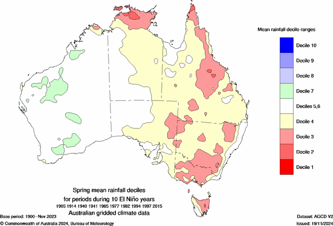 Image: Map showing the average impact of El Niño on spring rainfall. Source: BoM.