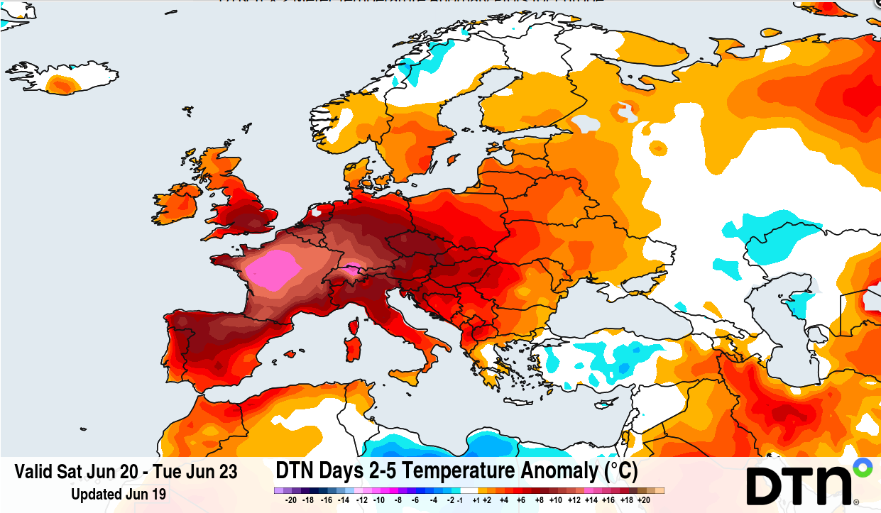 Forecast temperature anomaly over Europe between Saturday, June 20 and Tuesday, June 23, 2026. Source: DTN.