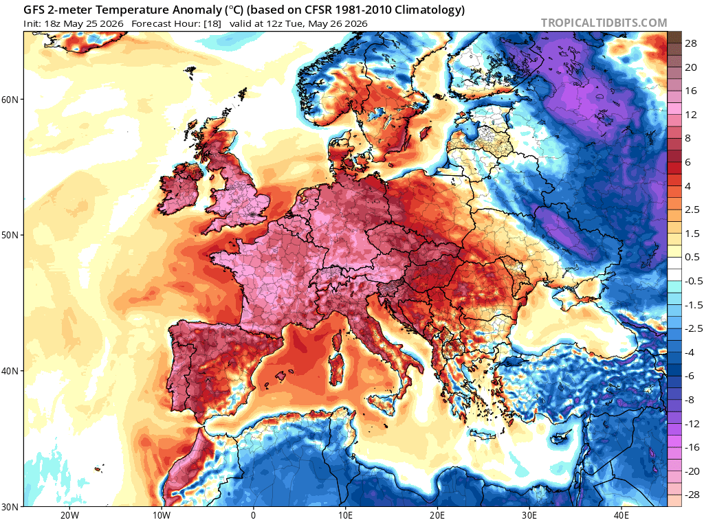 Forecast air temperature anomaly at 12:00 UTC on Tuesday, May 26, 2026. Source: TropicalTidbits.com