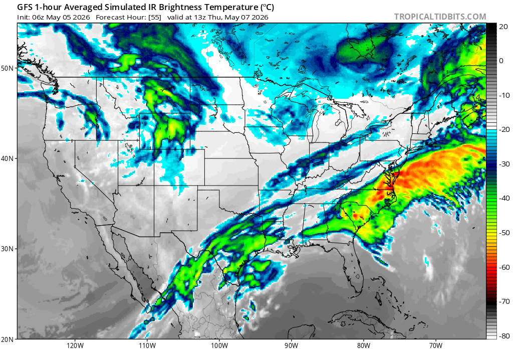 Forecast cloud on Friday morning, suggesting widespread cloud cover for much of the Central Plains and Midwest, which may reduce frost development. Source: Tropical Tidbits.
