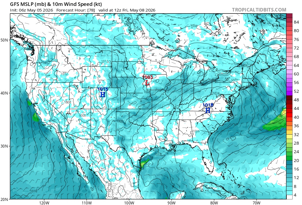 The wind forecast for this Friday shows elevated activity for much of the Plains and Midwest, which may reduce frost development. Source: Tropical Tidbits.