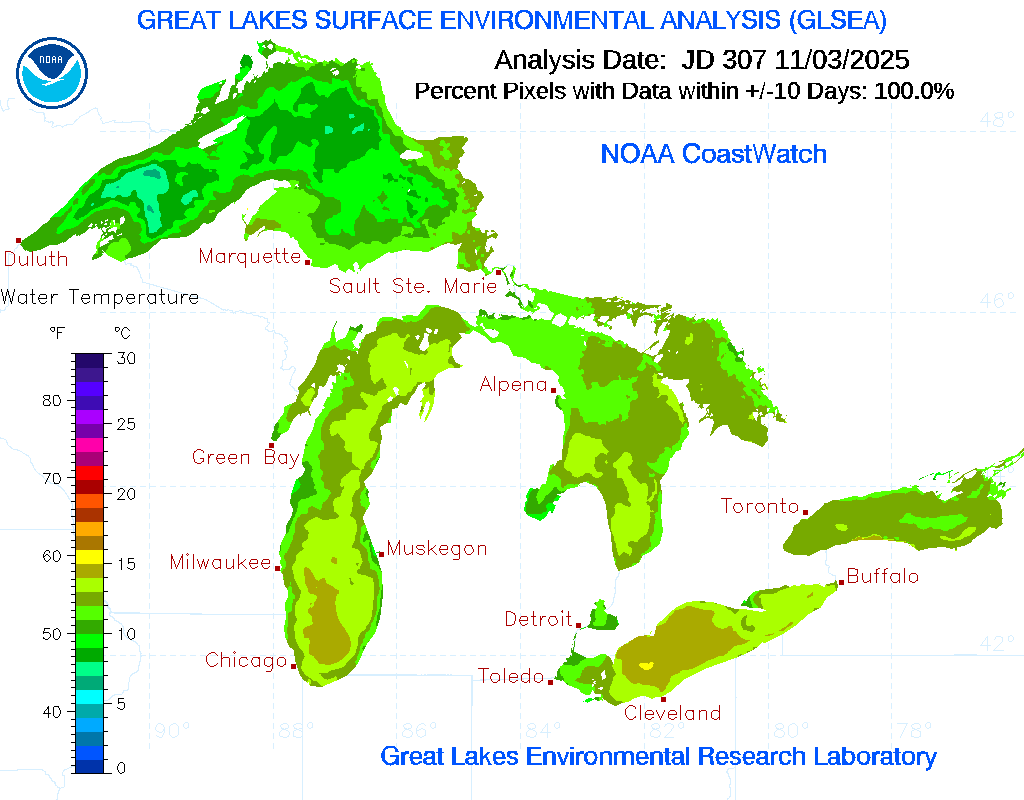 Water temperatures across the Great Lakes on November 3, 2025. Source: NOAA.