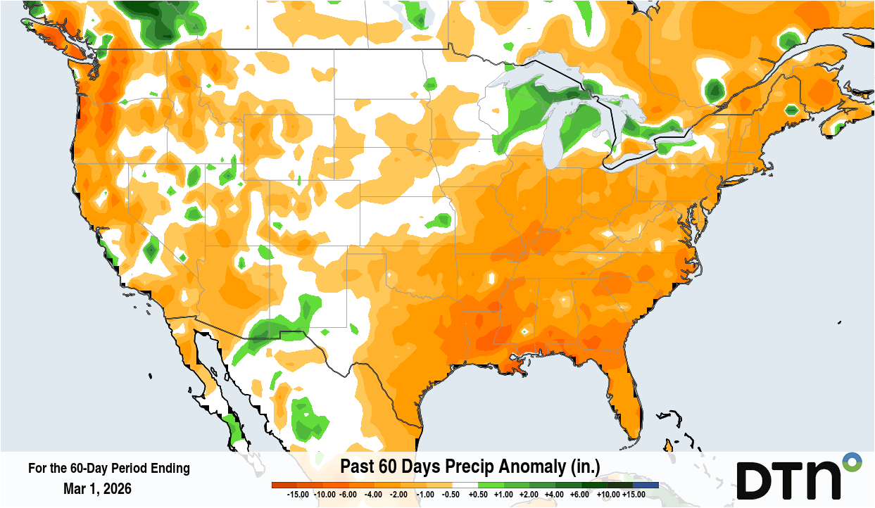 60-day rainfall deficits over the U.S. up to March 1, 2026. Source: DTN.