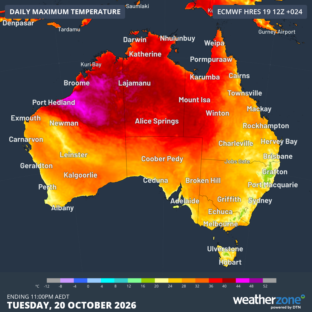 Predicted maximum temperatures across Australia on Tuesday, October 20, 2026, according to the ECMWF model. Source: Weatherzone.