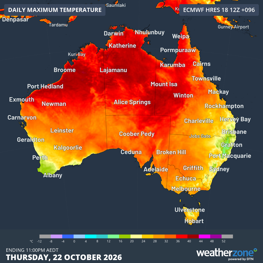 Forecast Australian maximums for this coming Thursday, October 22, 2026, according to the ECMWF model. Note the yellow and green zone in SE Qld compared to the orange zone in SE Tas. Source: Weatherzone.