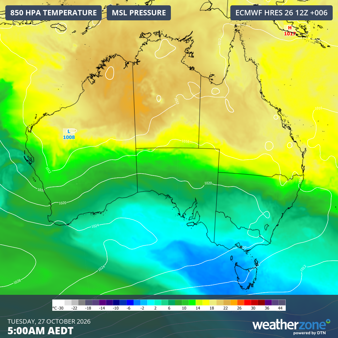 Mean sea level pressure and 850 hPa temperatures across Australia at 5 am (AEDT) on Tuesday, October 27, 2026. Source: Weatherzone.
