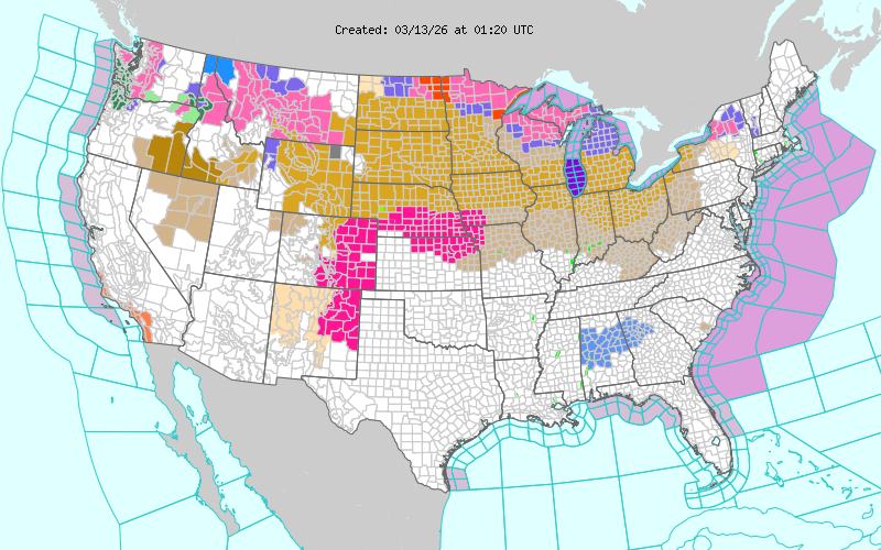 The homepage of the National Weather Service depicts the risks for strong winds across the Plains and Midwest for Thursday night, Mar. 12 and Friday, Mar 13. Source: NWS