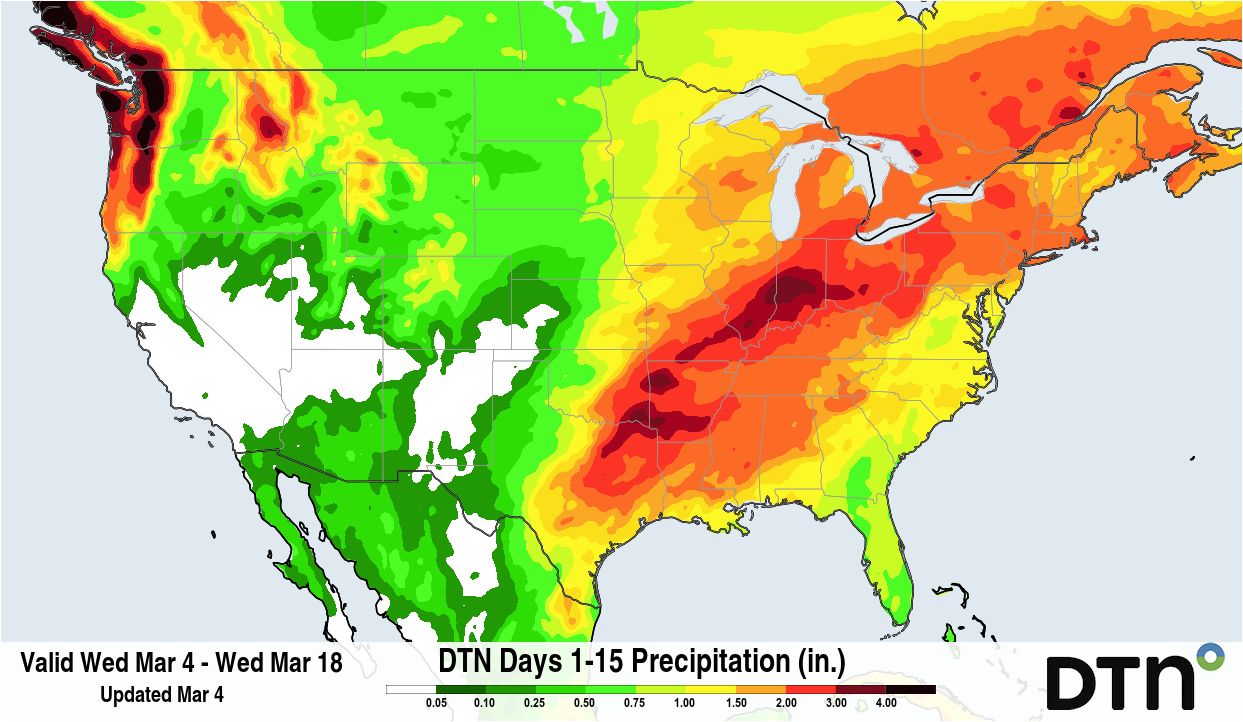 Over the next two weeks, widespread heavy precipitation is in the forecast, particularly from the Southeastern Plains through the Midwest. Source: DTN.