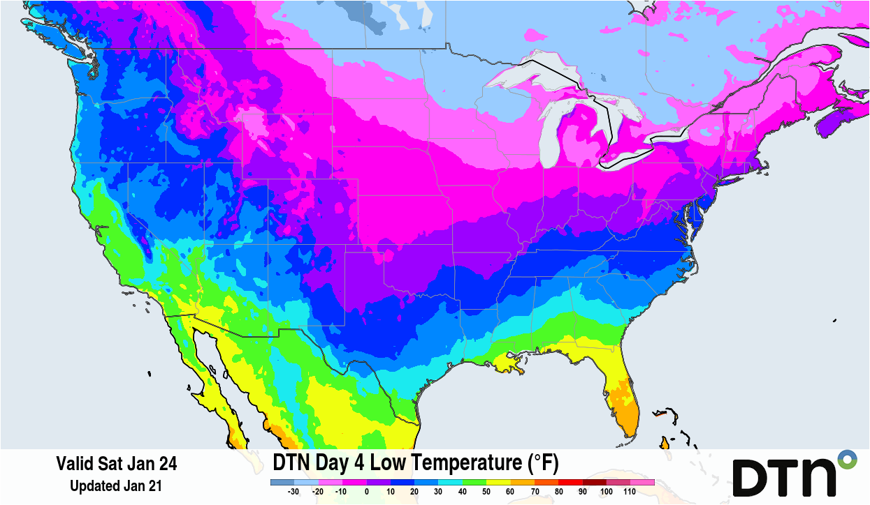 Extremely cold temperatures are forecast to spread through the U.S. on Saturday, Jan. 24. Source: DTN.