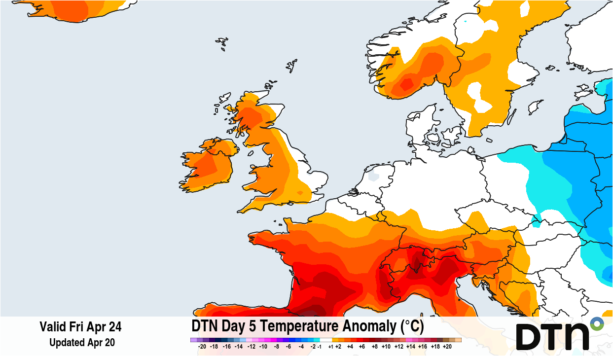 Forecast temperature anomaly for the UK on Friday, April 24, 2026. Source: DTN.