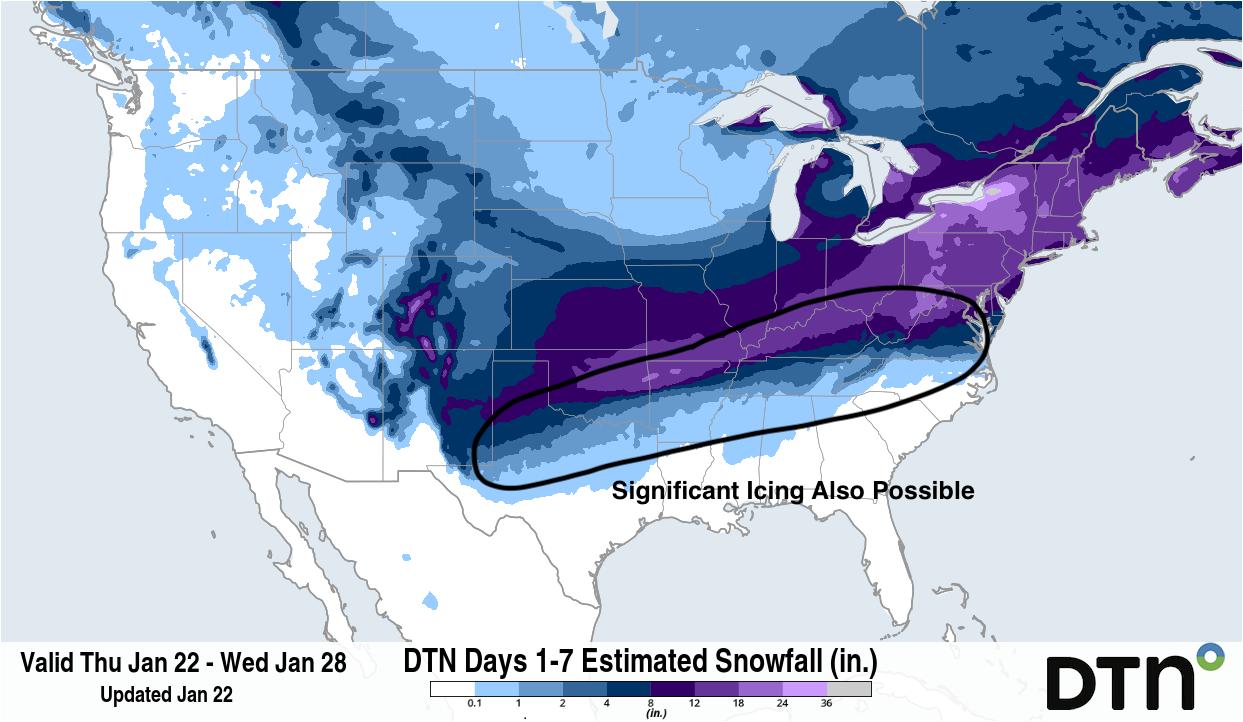A major winter storm will produce a wide band of heavy snow from the Southern Plains through the Mid-Atlantic this weekend. There is potential for significant freezing rain along and south of the heaviest snow as well. Source: DTN