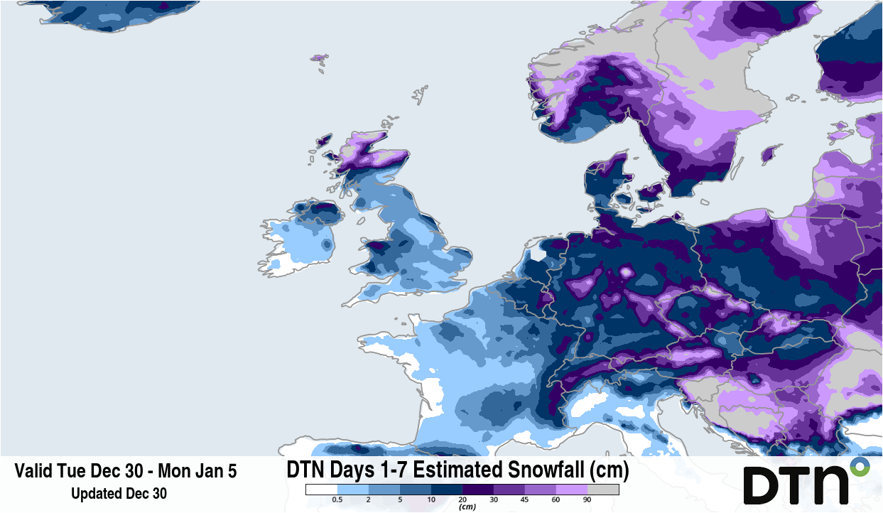 Forecast snow accumulation between December 30 and January 5, according to the DTN 1FX model. Source: DTN.