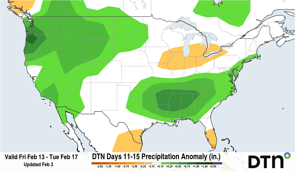 Forecast precipitation anomaly for the February 13-17 period. A more active weather pattern is forecast across most of the country next week, with increased chances for big winter storm systems. Source: DTN.