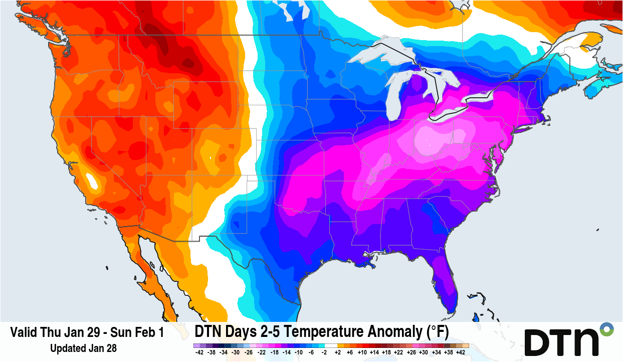 orecast temperature anomaly for the four-day period from January 29 to February 1, 2026.