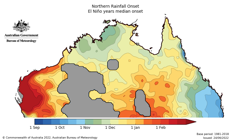 Arrival of the Top End rainfall onset in El Niño years. Source: BoM.