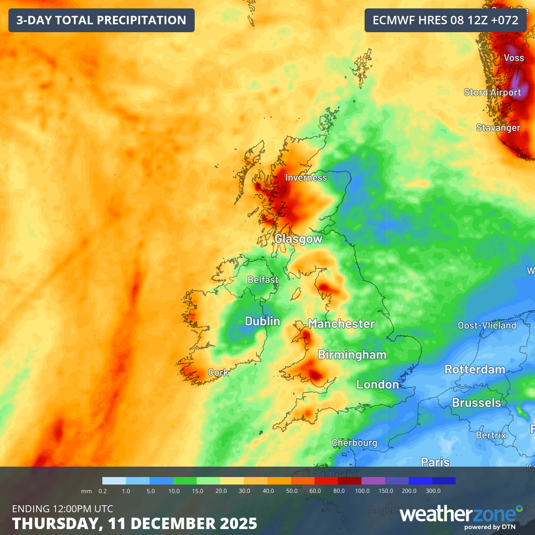 orecast accumulated rain during the 72 hours ending at 12:00pm UTC on Thursday, December 11, 2025, according to the ECMWF model. Source: Weatherzone