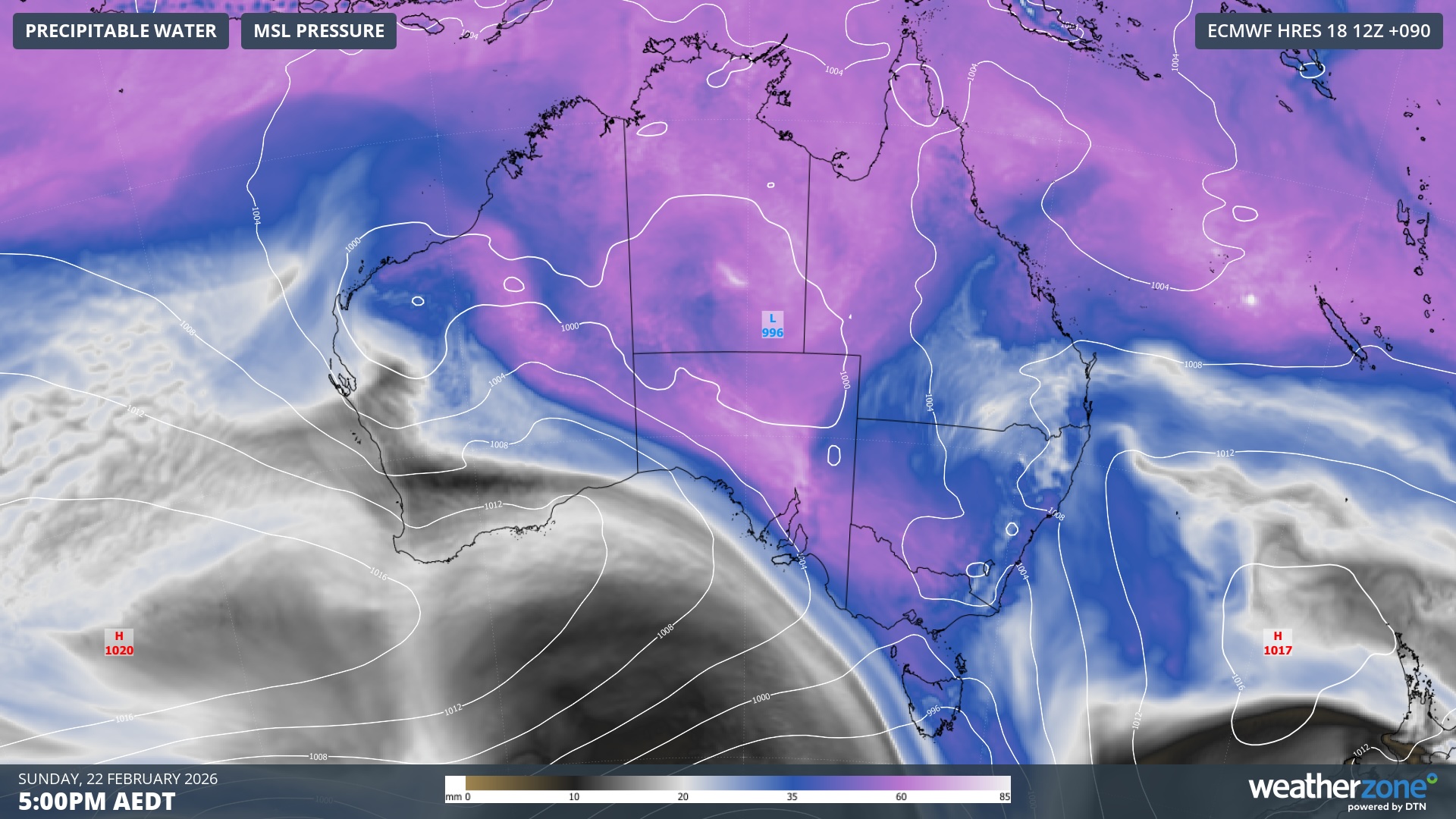 Modelled precipitable water (atmospheric moisture content) and mean sea level pressure at 5pm AEDT on Sunday, February 22, showing tropical moisture spreading across northern and central Australia and a low pressure system over the country’s interior. Source: Weatherzone.
