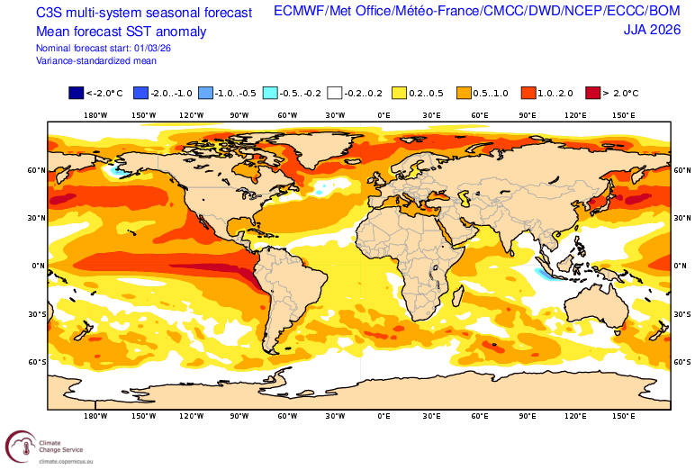 C3S multi-system forecast of mean sea surface temperatures from June to August, showing warming waters and emerging El Niño across the tropical Pacific Ocean. Source: ECMWF.