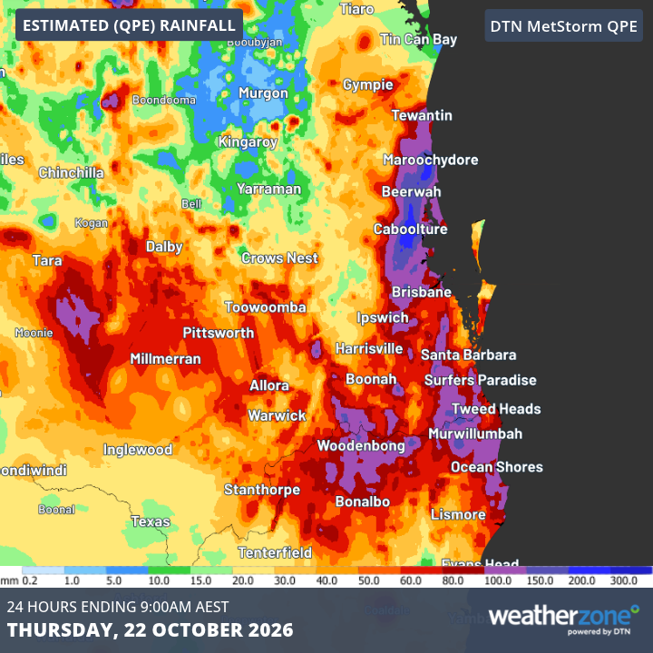Image: Estimate of Queensland rainfall in the 24 hours to 9 am Thursday (AEST), based on radar data. Source: Weatherzone.