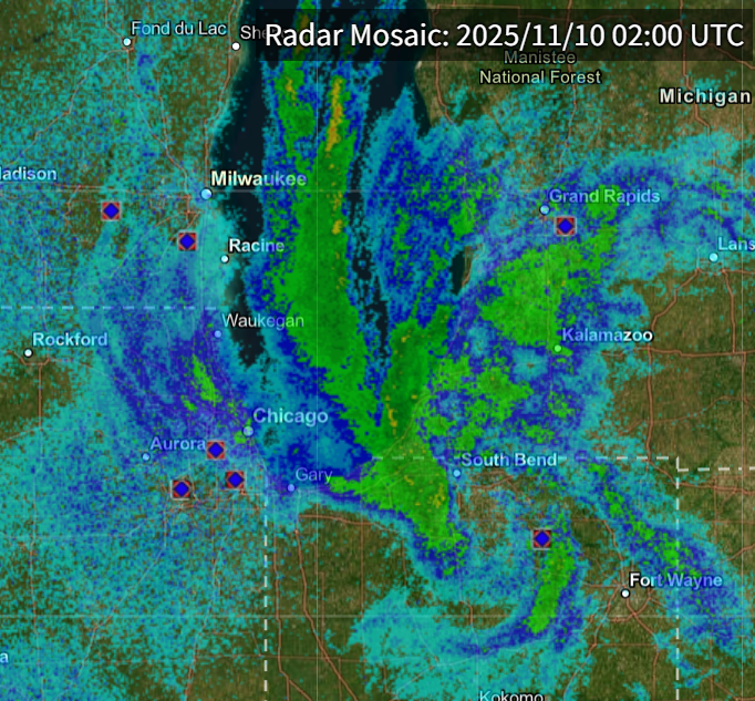 Radar showing precipitation around southern Lake Michigan at 8pm CST on Sunday, November 9. Source: NCEI / NOAA
