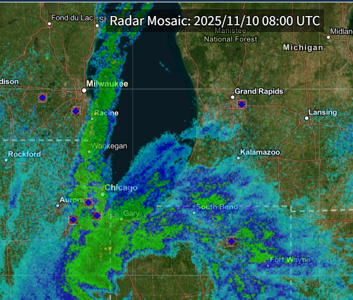 Radar showing precipitation around southern Lake Michigan at 2am CST on Monday, November 10. Source: NCEI / NOAA