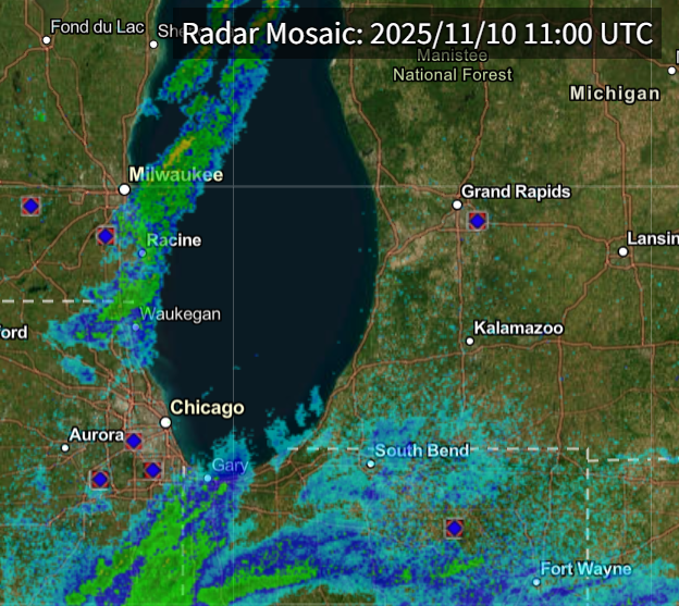 Radar showing precipitation around southern Lake Michigan at 5am CST on Monday, November 10. Source: NCEI / NOAA