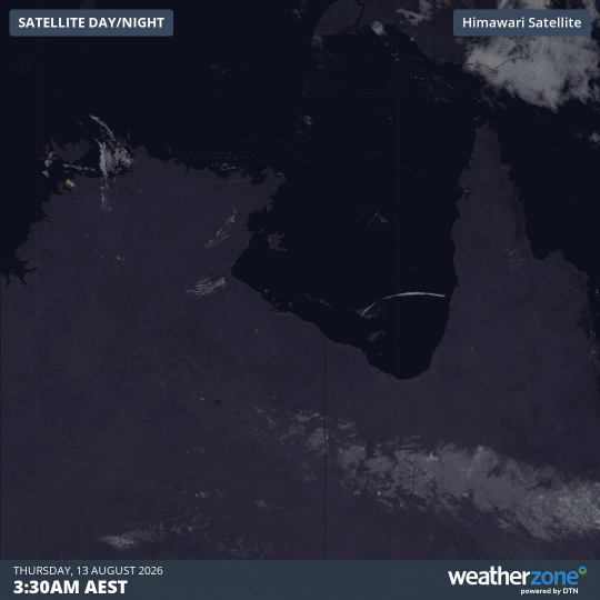 Satellite loop over the Gulf of Carpentaria and nearby parts of northern Australia, showing roll clouds moving NW across the gulf in the six hours to 9:30 am (AEST) on Thursday, August 13, 2026. Source: Weatherzone.