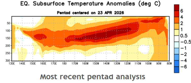 emperatures below the surface in the tropical Pacific Ocean are extremely warm, with anomalies more than 5°C above normal. Source: CPC.