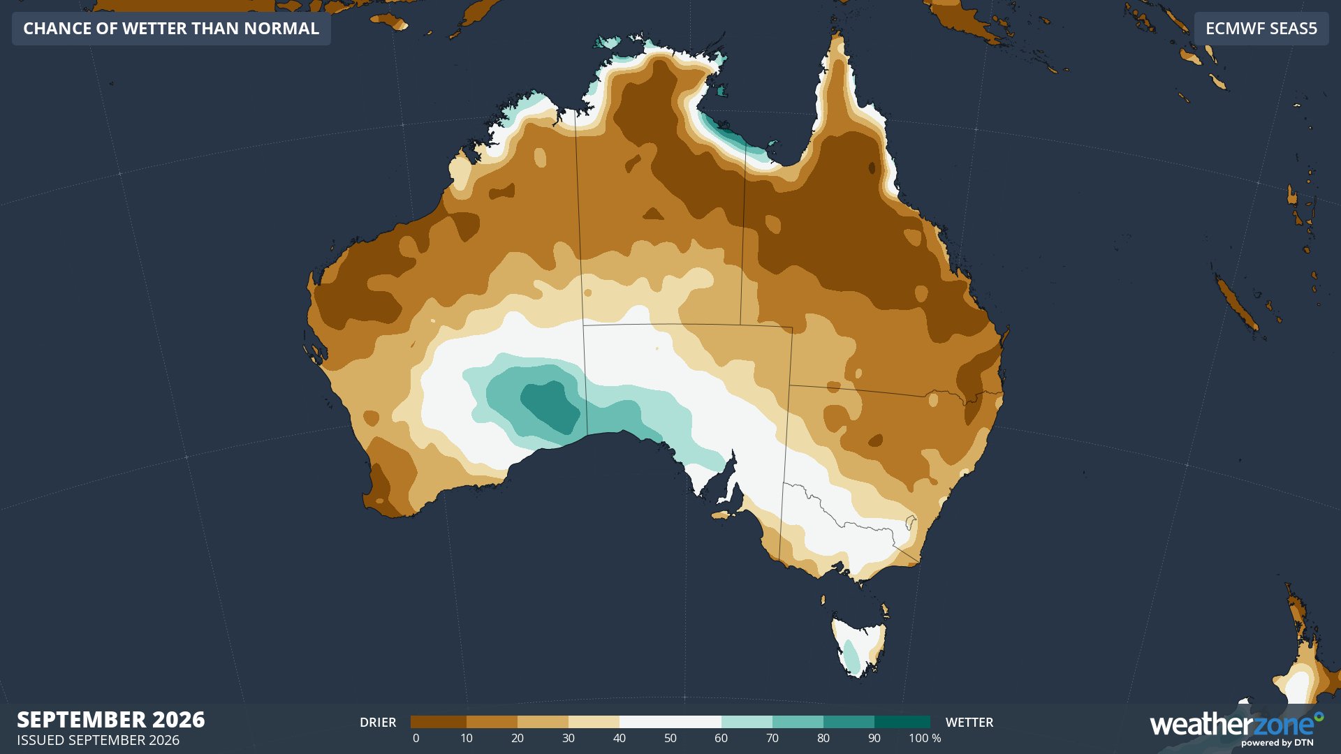 Image: Chance of wetter-than-normal conditions in September, 2026. Source: Weatherzone.