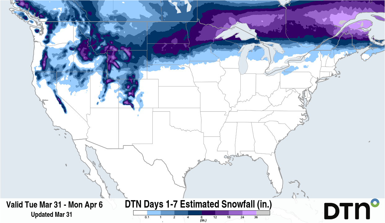 Forecast accumulated snow between Monday, March 31 and Monday, April 6. Source: DTN.