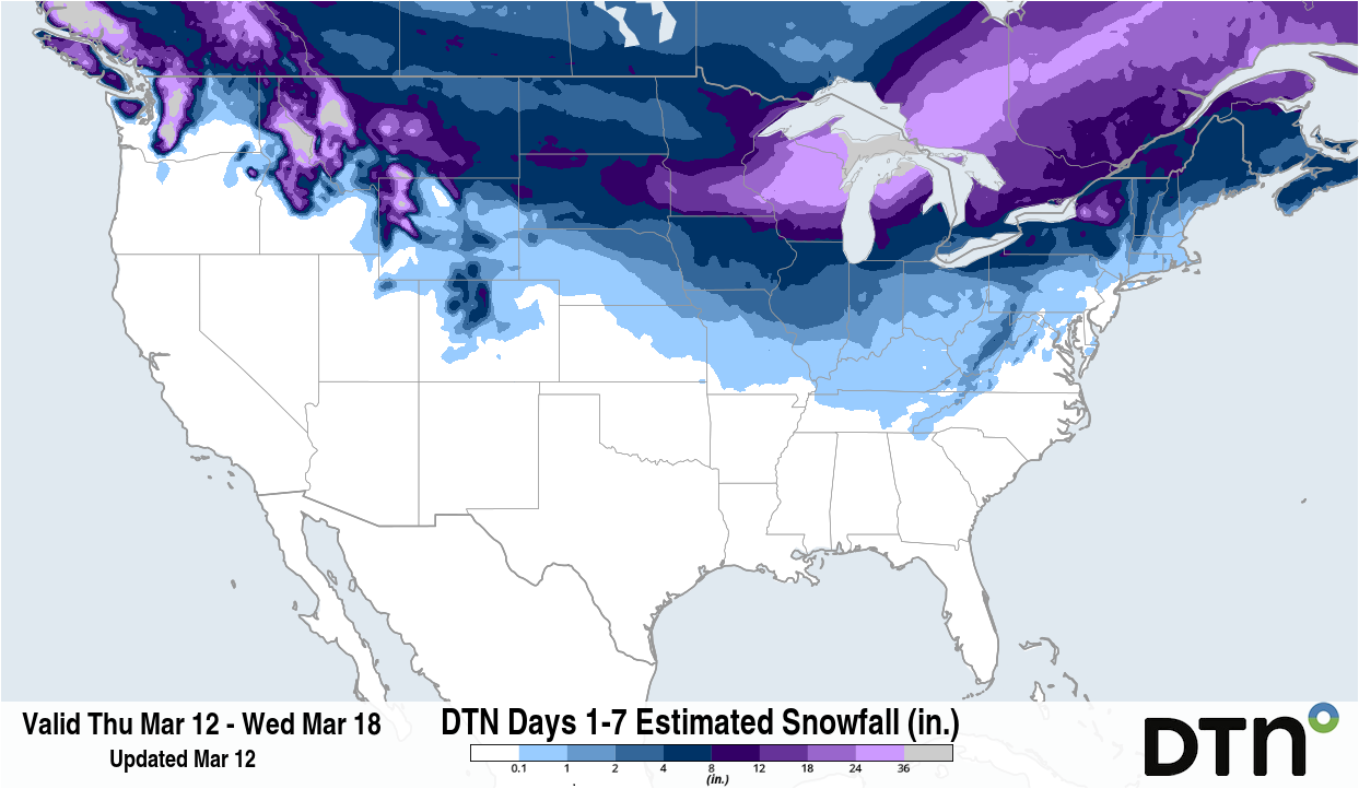 Forecast accumulated snow between Thursday, Mar. 12 and Wednesday, Mar. 18. Source: DTN.