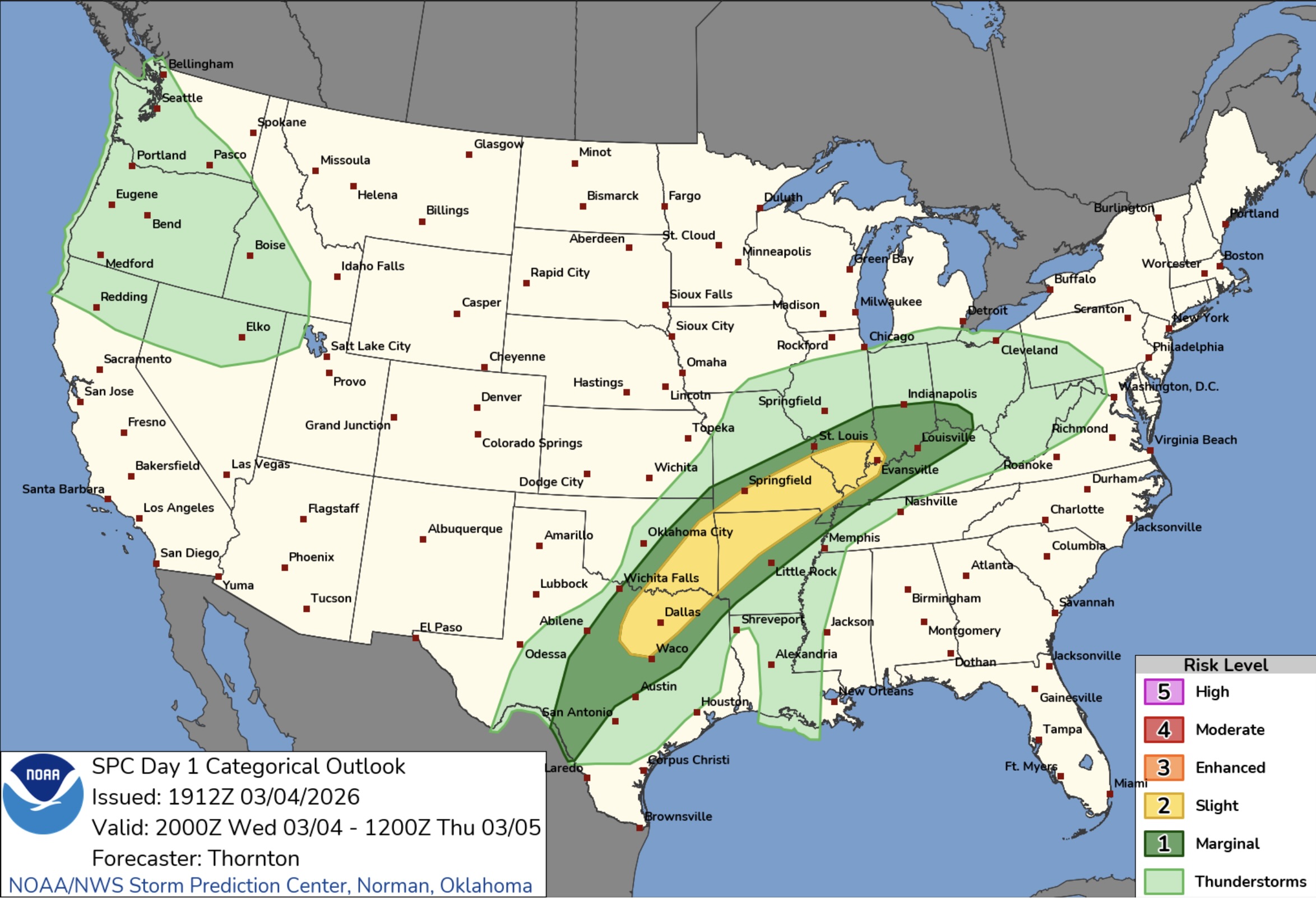 Severe storms could threaten Texas into southwest Ohio on Wednesday into Thursday. Source: Storm Prediction Center.