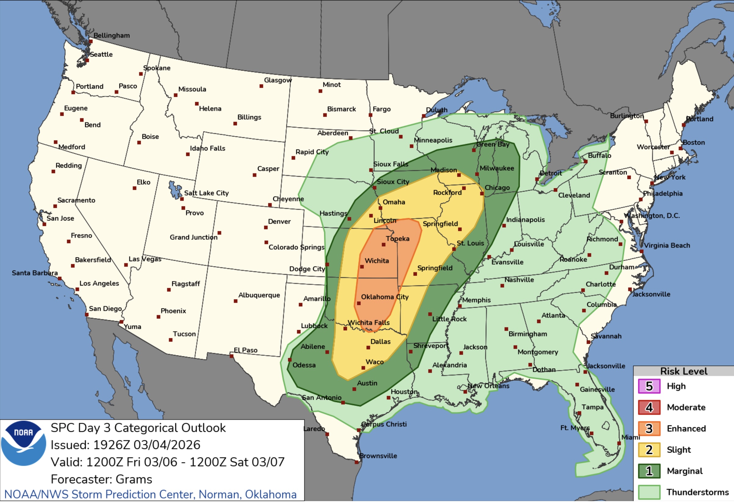 Friday’s severe storm risk extends from Texas into Wisconsin. Source: Storm Prediction Center.