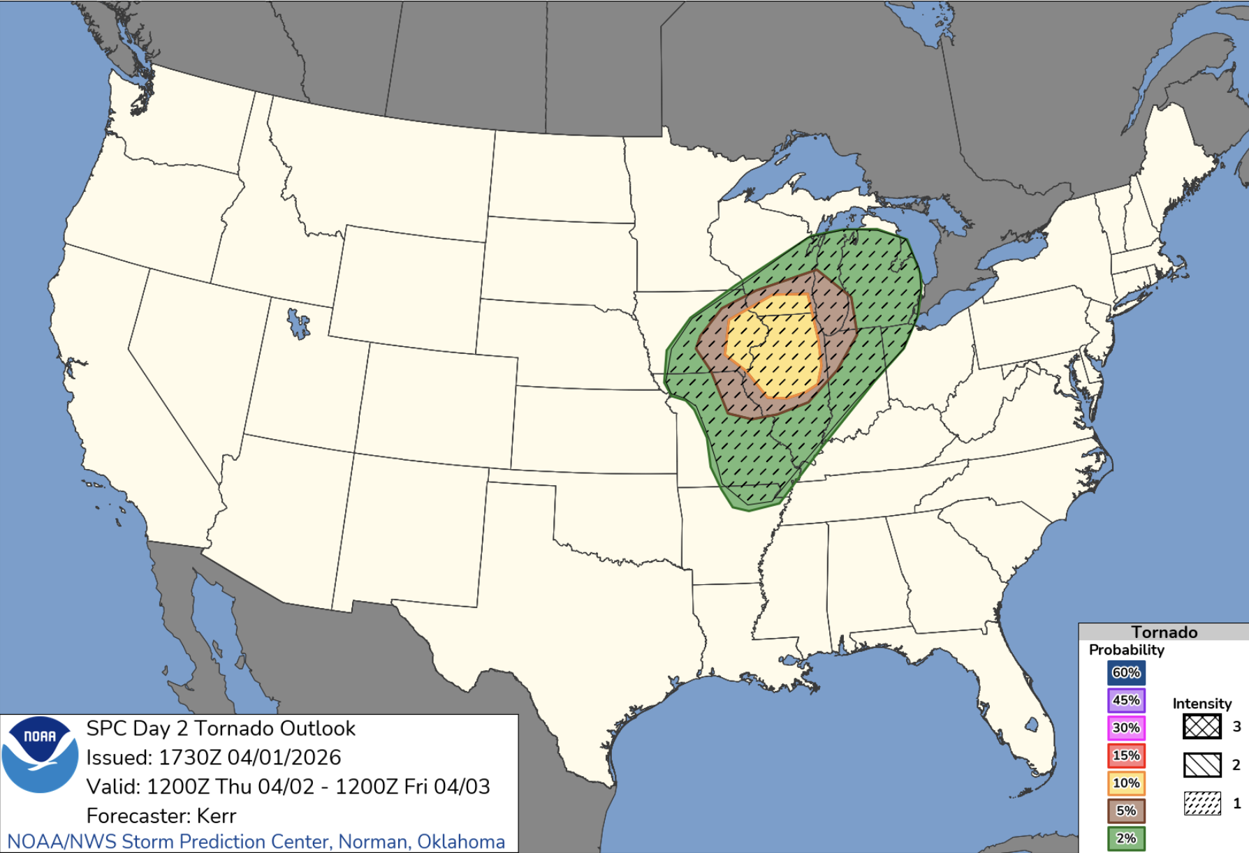 SPC Tornado Outlook for Thursday, April 2, 2026. Source: NOAA.