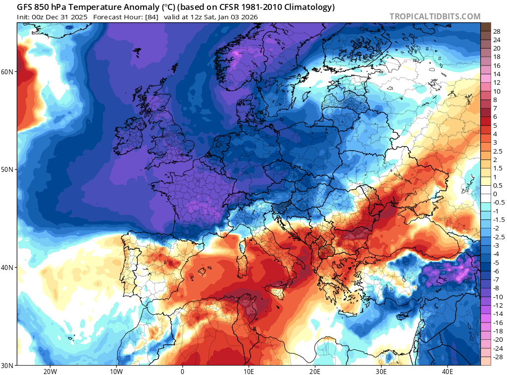 Modelled 850hPa temperature anomaly at 1200 UTC on January 3, 2026. Source: TropicalTidbits.com