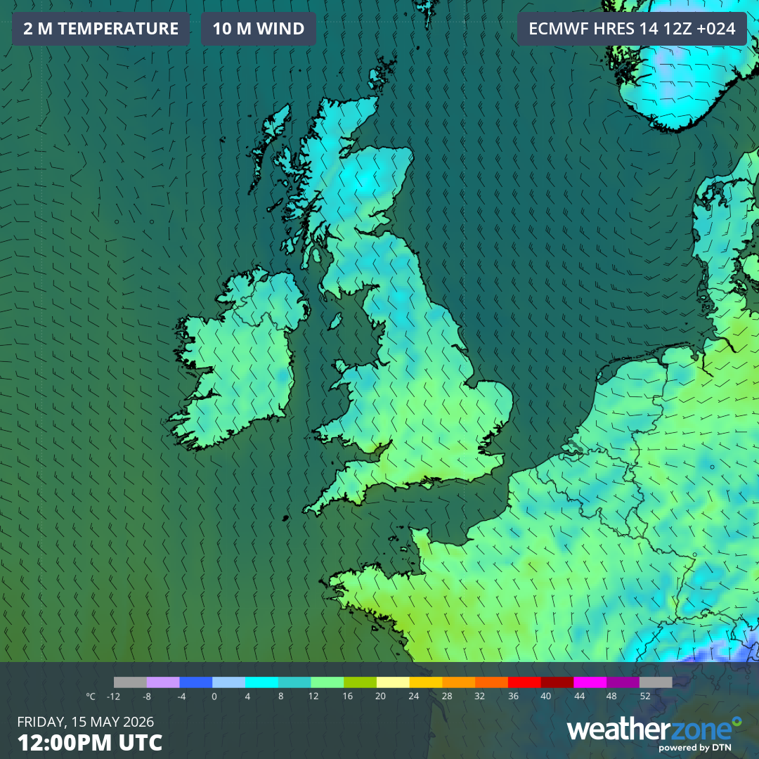 Forecast air temperature and wind on Friday, May 15, showing cool northwesterly winds over the UK. Source: Weatherzone.