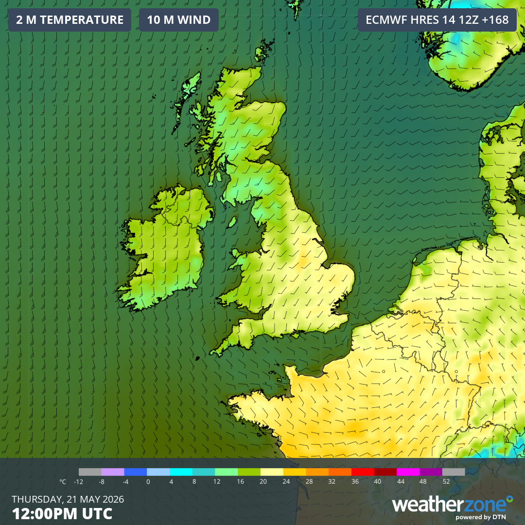 Forecast air temperature and wind on Thursday, May 21, showing warmer south-southwesterly winds over the UK. Source: Weatherzone.