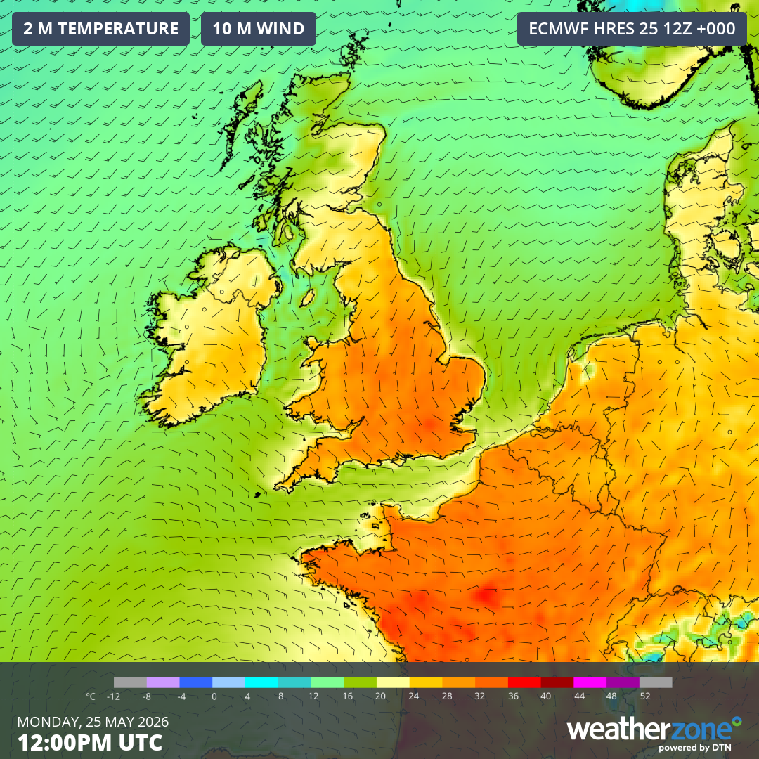 Modelled temperature and wind over the UK on Monday, May 25, 2026. Source: Weatherzone.
