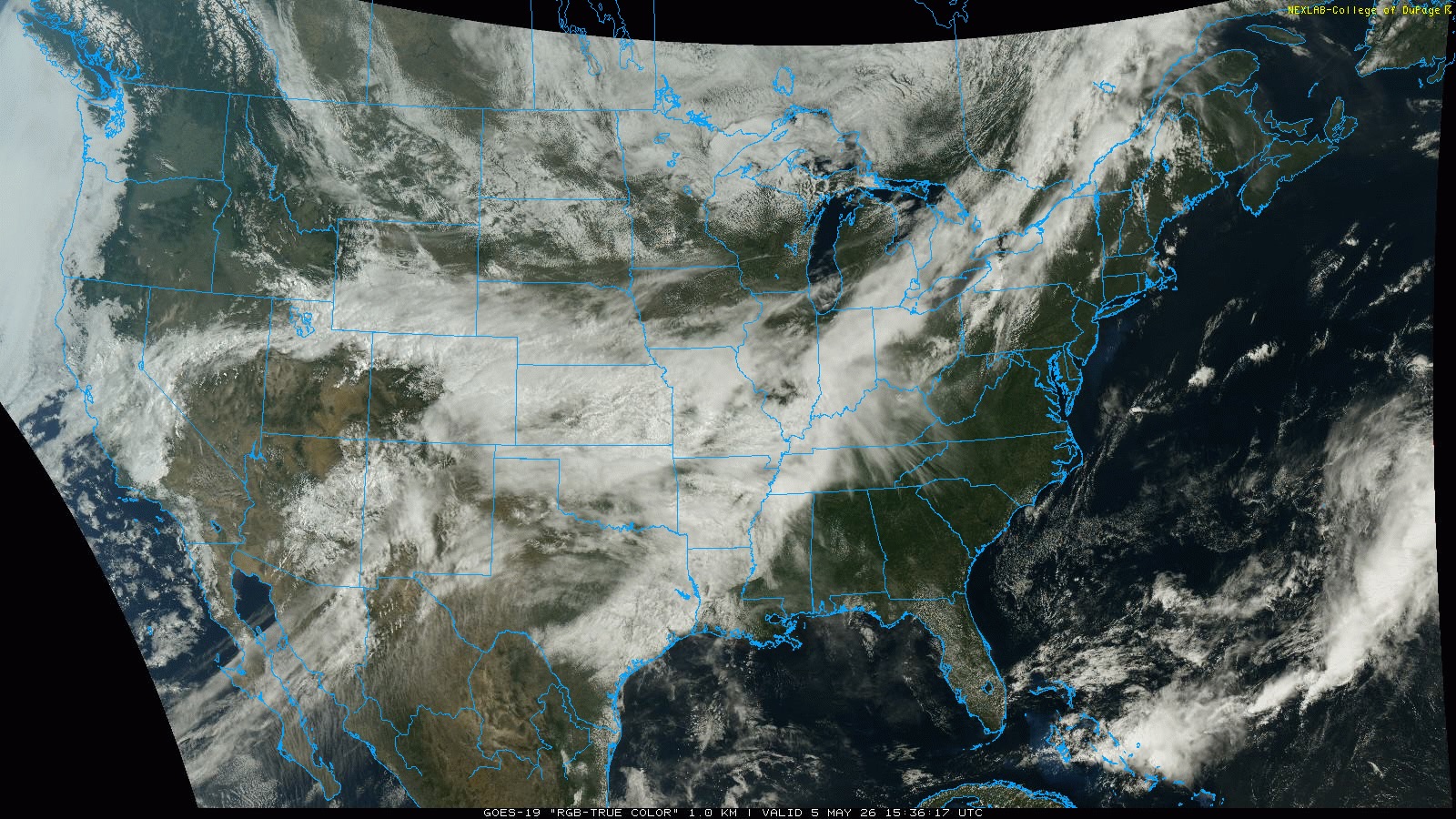 Visible satellite image showing extensive cloud cover over across the U.S. on May 5, 2026. Source: College of DuPage / GOES-19