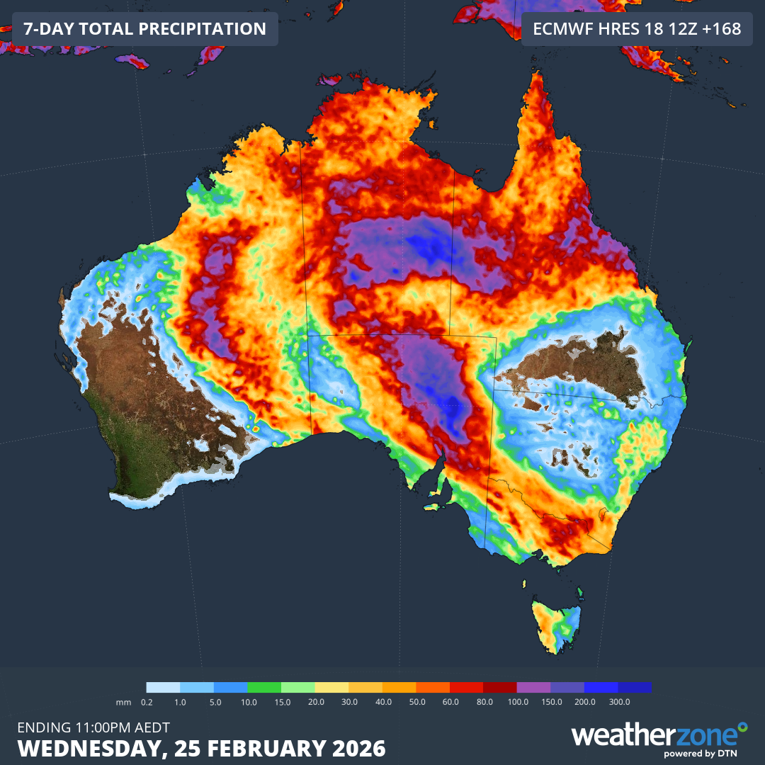 Forecast accumulated rain during the seven days ending at 11:00pm AEDT on Wednesday, February 25, 2026, according to the ECMWF model. Source: Weatherzone.