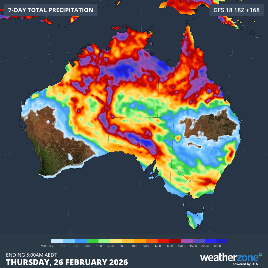 Forecast accumulated rain during the seven days ending at 5:00am AEDT on Thursday, February 26, 2026, according to the GFS model. Source: Weatherzone.